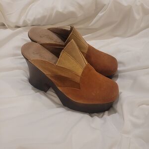Free People BIG SKY suede WOOD CLOGS 8/8.5 wedge 39 skyscraper boho hippie retro